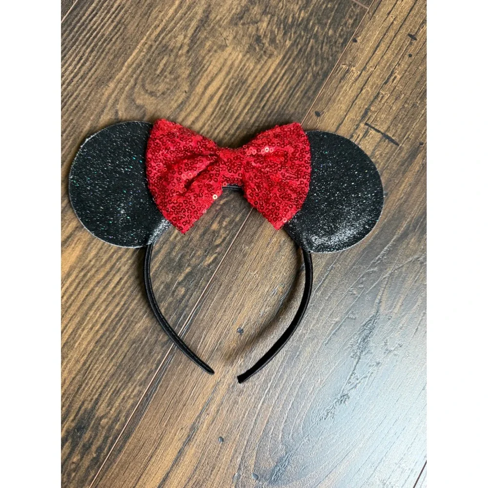 Disney Minnie Mouse Headband Black Glitter Ears Red Sequin Bow Accessory